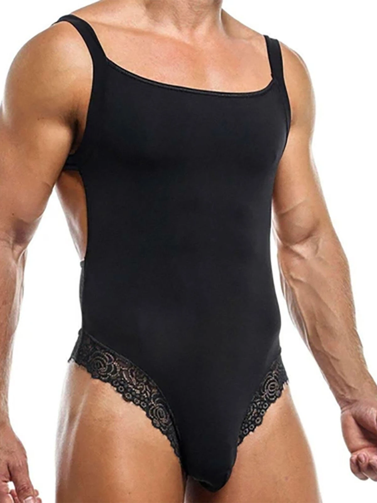 Mens Lace Trim Solid Color Sleeveless Jumpsuit 3 Mens Lace Trim Solid Color Sleeveless Jumpsuit