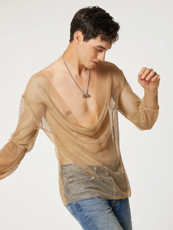 Mens Mesh See Through Swing Collar T-Shirt 4 Mens Mesh See Through Swing Collar T-Shirt - Image 2