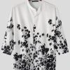 Mens Floral Plant Print Stand Collar 3/4 Sleeve Shirt