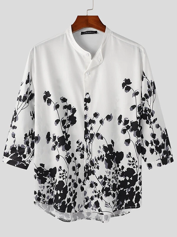 Mens Floral Plant Print Stand Collar 3/4 Sleeve Shirt 3 Mens Floral Plant Print Stand Collar 3/4 Sleeve Shirt