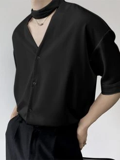 Mens Snap Button Keyhole Choker Neck Shirt