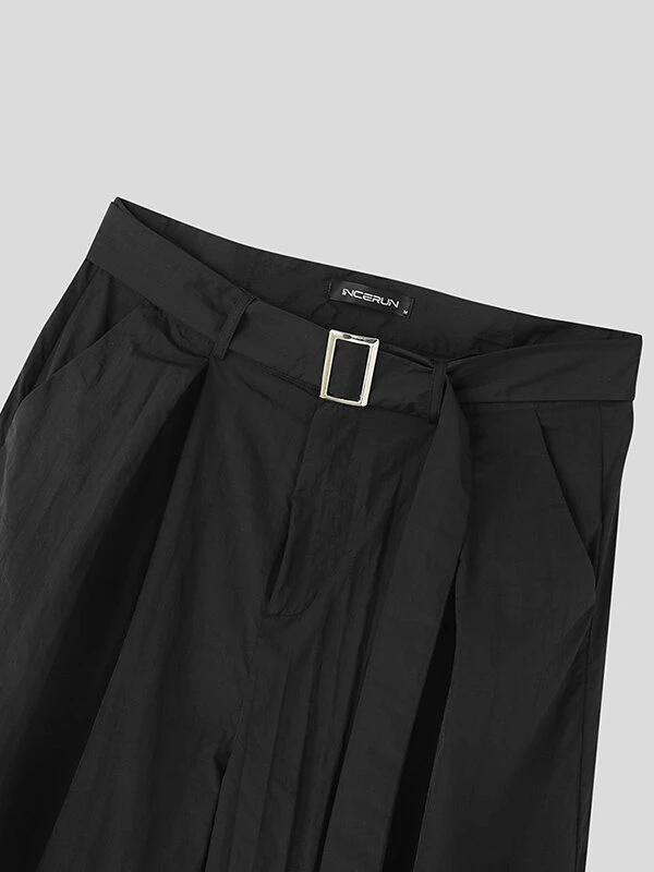 Mens Solid Texture Casual Wide Leg Pants With Belt 8 Mens Solid Texture Casual Wide Leg Pants With Belt - Image 6