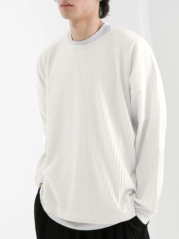 Mens Pleated Round Neck Long Sleeve T-Shirt 7 Mens Pleated Round Neck Long Sleeve T-Shirt - Image 5