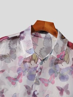 Mens Butterfly Print See Through Lapel Button Up Shirt -Incerun Shop 6ae62547 ea5d 48e1 852e abb6397f227e