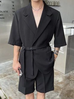 Mens Waist Tie Short Sleeve Shorts Blazer Set