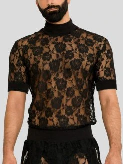 Mens Floral Lace See Through High Neck Short Sleeve T-Shirt
