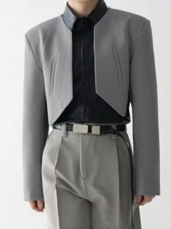 Mens Solid Collarless Irregular Hem Casual Crop Blazer