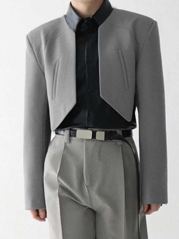 Mens Solid Collarless Irregular Hem Casual Crop Blazer 3 Mens Solid Collarless Irregular Hem Casual Crop Blazer