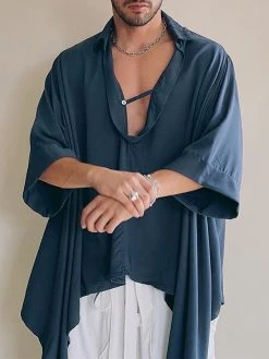 Mens Solid Johnny Collar Irregular Hem 3/4 Sleeve Shirt -Incerun Shop 6b7b037f 32ff 4362 a0f8 4cc9f637c398