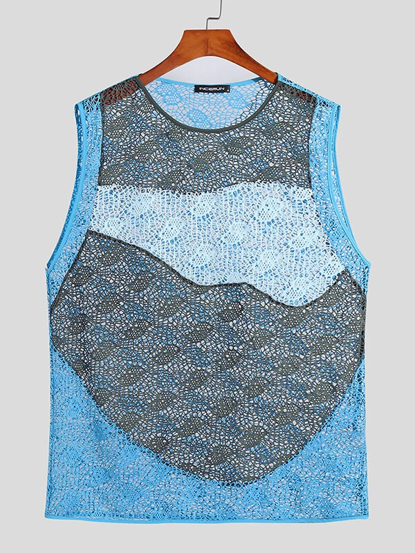 Mens Lace Hollow Out Color Block Vest 5 Mens Lace Hollow Out Color Block Vest - Image 3