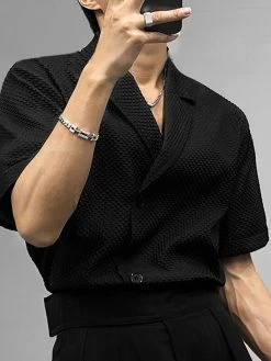 Mens Textured Short Sleeve Suit Collar Shirt