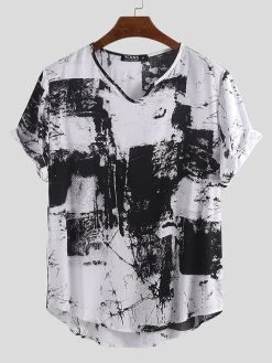 Mens Print Loose V-Neck T-Shirts