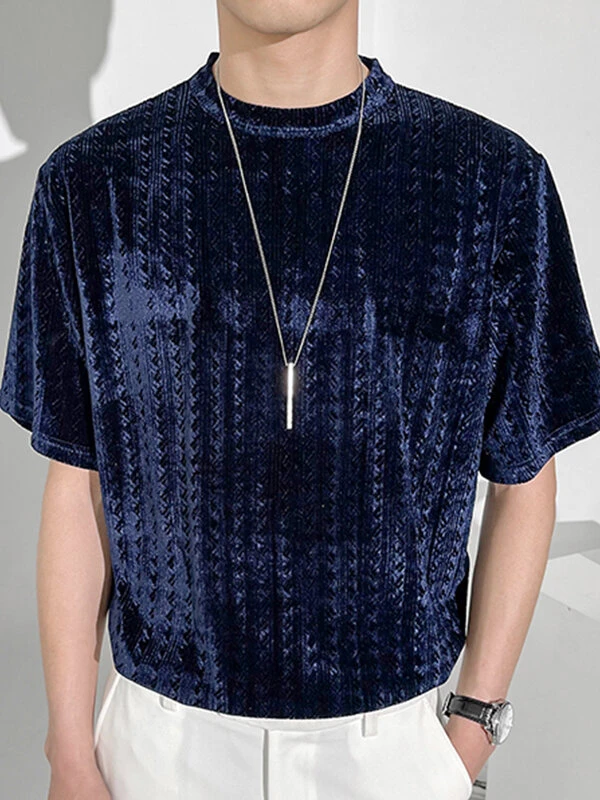 Mens Velvet Texture Crew Neck Loose Short Sleeve T-Shirt 4 Mens Velvet Texture Crew Neck Loose Short Sleeve T-Shirt - Image 2