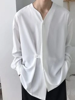 Mens Irregular Button Drape Solid Color Shirt