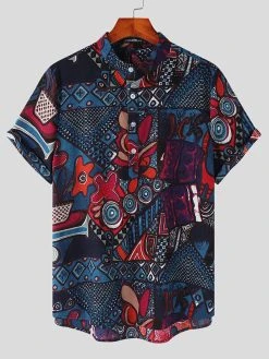 Mens Vintage Plant Print Half Button 100%Cotton Henley Shirt -Incerun Shop 6fa82058 52d0 4a5e a87b 46faa0e66d45