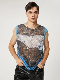 Mens Lace Hollow Out Color Block Vest