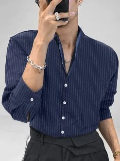 Men Cotton Linen Striped Stand Collar Shirt