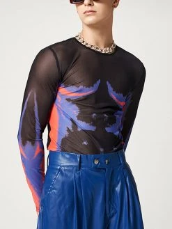 Mens Abstract Print See Through Mesh Long Sleeve T-Shirt