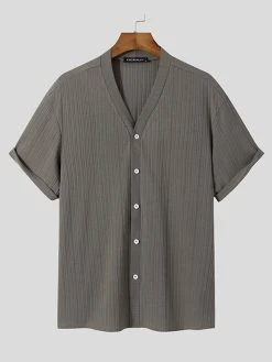 Mens Striped Texture V-Neck Short Sleeved Shirt -Incerun Shop 71086f0e 0827 4927 8269 8f0601210b6d