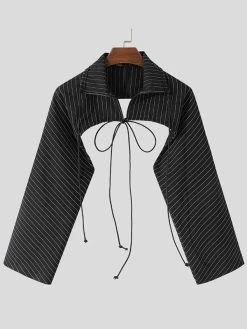 Mens Hollow Striped Drawstring Lapel Crop Tops -Incerun Shop 718157b2 6c6d 4958 981c 5ba8f83100a0