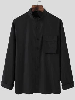 Mens Stand Collar Pocket Long Sleeve Shirt -Incerun Shop 7253c7e5 ed34 45a3 966a 8f3adae6fd78