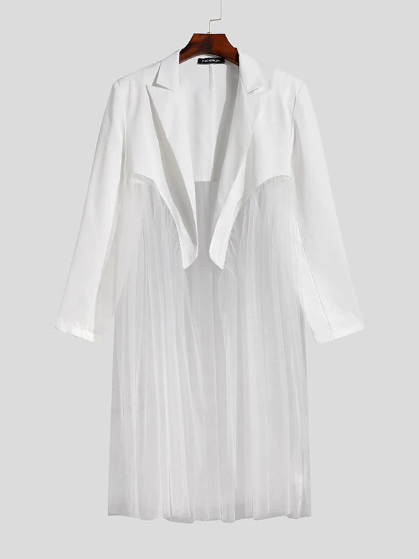 Mens See Through Mesh Patchwork Lapel Long Sleeve Blazer 5 Mens See Through Mesh Patchwork Lapel Long Sleeve Blazer - Image 3