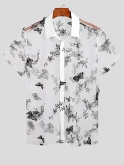 Mens Butterfly Mesh See Through Lapel Shirt -Incerun Shop 72fc61c5 c516 4265 bc6d 8390aed1d94b