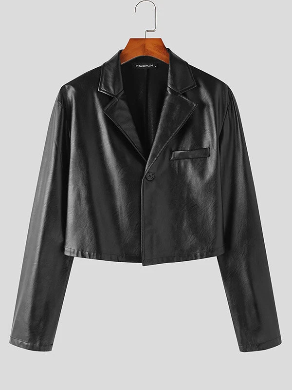 Mens Solid Lapel Faux Leather Casual Crop Blazer 4 Mens Solid Lapel Faux Leather Casual Crop Blazer - Image 2