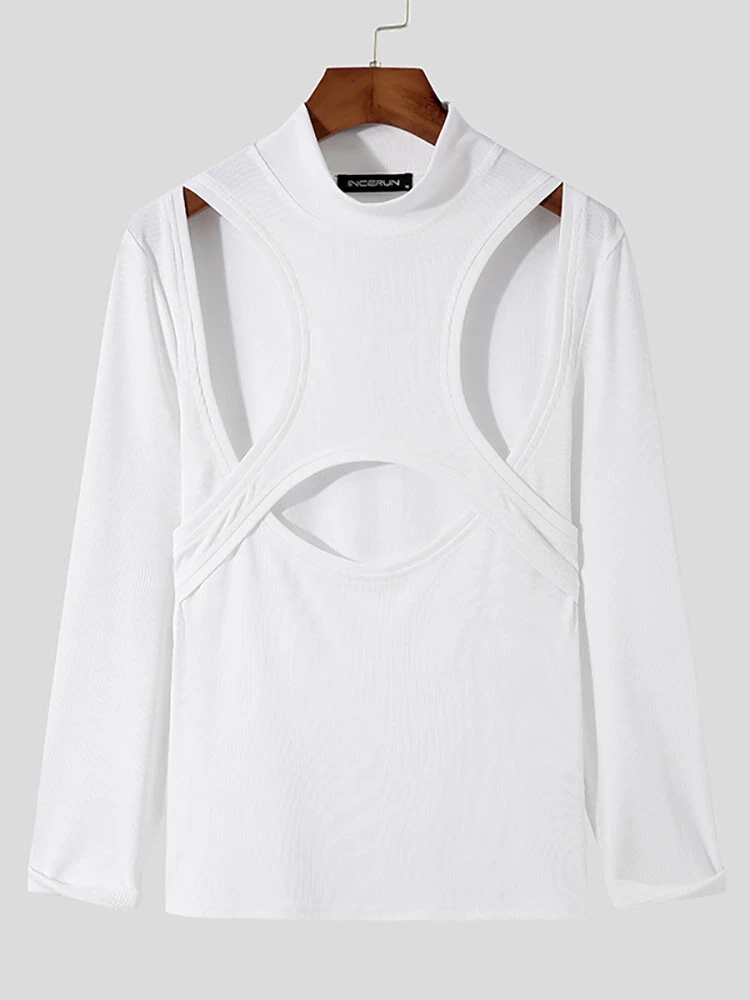 Mens Hollow High Neck Slim Long Sleeve T-shirt 7 Mens Hollow High Neck Slim Long Sleeve T-shirt - Image 5