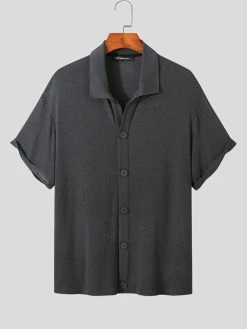 Mens Solid Knit Button Up Short Sleeve Shirt -Incerun Shop 744d138e ed27 428c b46f f9d7bb7a284c
