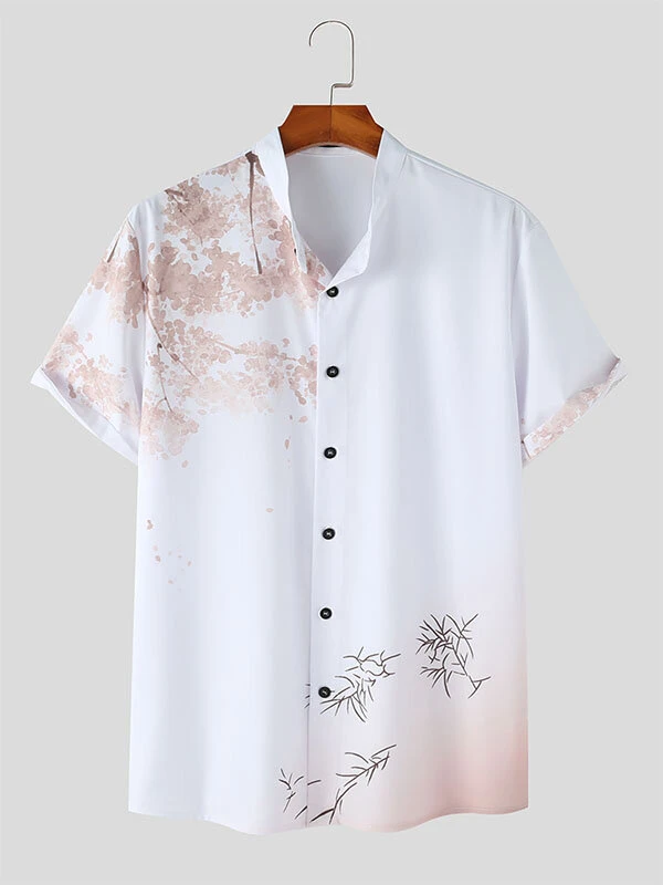 Mens Floral Bamboo Print Stand Collar Short Sleeve Shirt 6 Mens Floral Bamboo Print Stand Collar Short Sleeve Shirt - Image 4