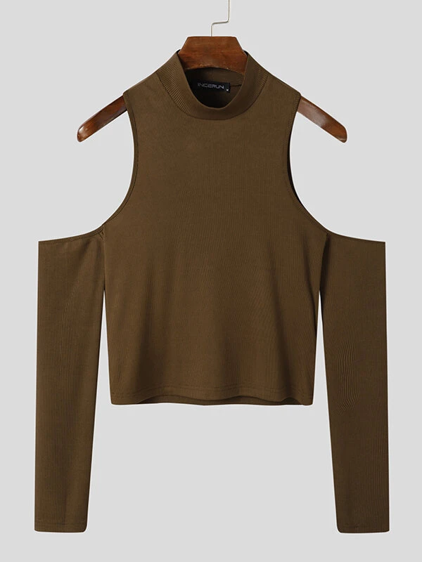 Mens Off Shoulder Cutout Long-sleeved T-shirt 7 Mens Off Shoulder Cutout Long-sleeved T-shirt - Image 5