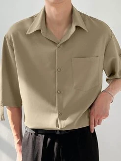 Mens Solid Roll-Up Lapel Collar Shirt -Incerun Shop 757f8bc6 97a2 41e0 be20 ab181515b3e4