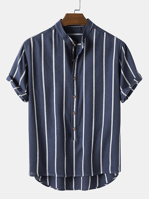 Mens Stripe Pattern Short Sleeve Button Stand Collar Shirt 4 Mens Stripe Pattern Short Sleeve Button Stand Collar Shirt - Image 2