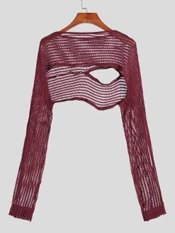 Mens Sexy Cutout Knit Long Sleeves Crop Top -Incerun Shop 75b189e4 c7b9 4b16 81e5 99c69238632c