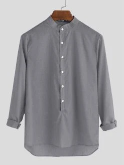 Mens Chinese Style Solid Color Half Open Long Sleeve Henley Shirts