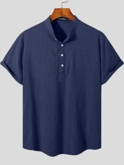 Mens 100% Cotton Stand Collar Henley Shirt -Incerun Shop 75c9165e f98e 41de b822 16c57aebdf39