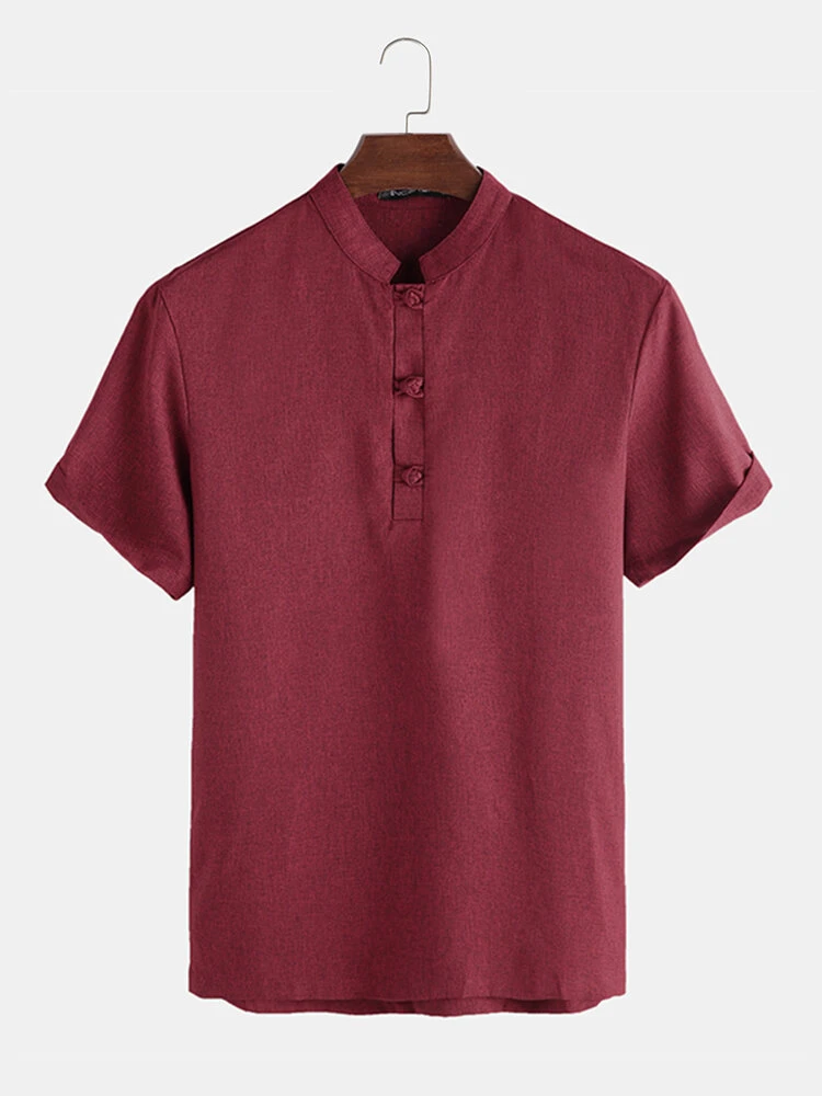 Men Soild Chinese Button V-neck Short Sleeve Henley Shirt 6 Men Soild Chinese Button V-neck Short Sleeve Henley Shirt - Image 4