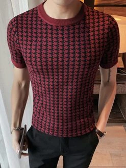 Mens Houndstooth Pattern Crew Neck Knit Short Sleeve T-Shirt -Incerun Shop 7695c4f0 fdce 450f 8065 6e90f153680c