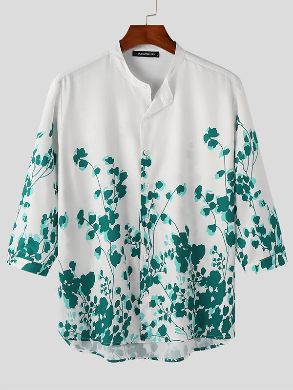 Mens Floral Plant Print Stand Collar 3/4 Sleeve Shirt 5 Mens Floral Plant Print Stand Collar 3/4 Sleeve Shirt - Image 3
