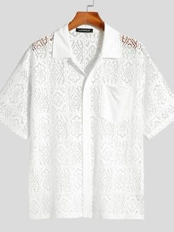 Mens Floral Lace Crochet Lapel Short Sleeve Shirt -Incerun Shop 77427765 a50b 412b a0b5 b78402f3c33f