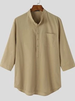 Mens Solid Half Button 100%Cotton 3/4 Sleeve Henley Shirt -Incerun Shop 778286a8 2d15 49f7 a46c 835a3517a681