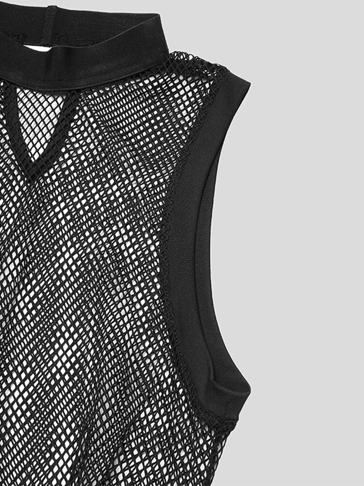 Mens Sexy Solid Hollow Mesh Sleeveless Triangle Jumpsuit 14 Mens Sexy Solid Hollow Mesh Sleeveless Triangle Jumpsuit - Image 12