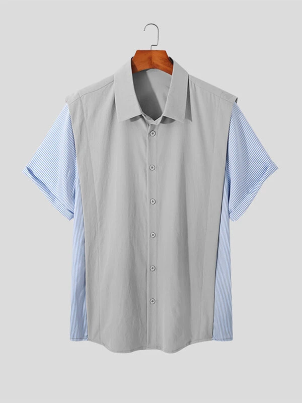 Mens Striped Patchwork Fake Two-Piece Shirt 5 Mens Striped Patchwork Fake Two-Piece Shirt - Image 3