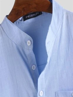 Mens Linen Casual Roll Sleeve Loose Buttons Pullover Henley Shirts -Incerun Shop 79a6ec73 c26a 4cde 8d5a fb2f87826086