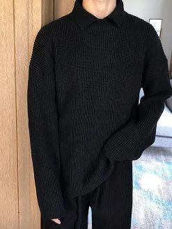 Mens Lapel Solid Color Pullover Knitting Sweater -Incerun Shop 79af07ff f8c4 4551 8f10 4c88799d0756