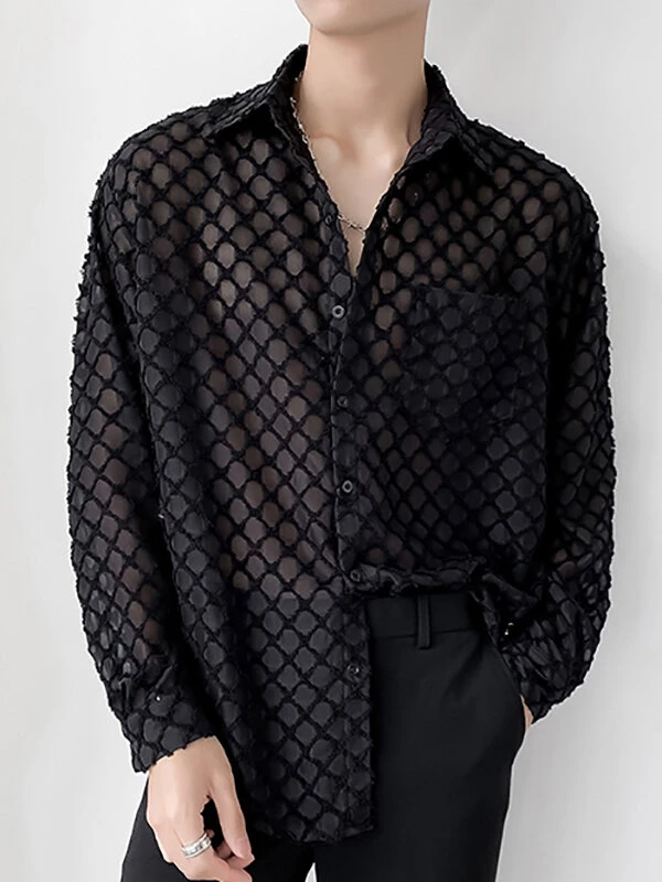 Mens Knitted Jacquard Hollow Long Sleeve Shirts 5 Mens Knitted Jacquard Hollow Long Sleeve Shirts - Image 3