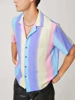 Men Rainbow Striped Print Short-sleeved Shirt -Incerun Shop 7ae2d192 8f77 4987 8849 2392ffce8862