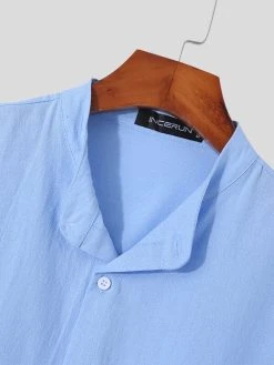 Mens Stand Collar Three-quarter Sleeve Shirt -Incerun Shop 7b2d396e ceb1 4a9c 9e62 2d234a252be1