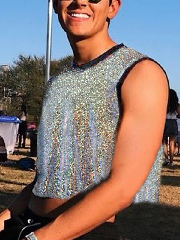 Men Shiny Sequins Crewneck Crop Tank Top 5 Men Shiny Sequins Crewneck Crop Tank Top - Image 3